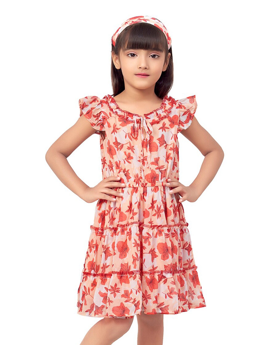 

Doodle Floral Printed Tie-Up Neck Fit And Flare Dress, Peach