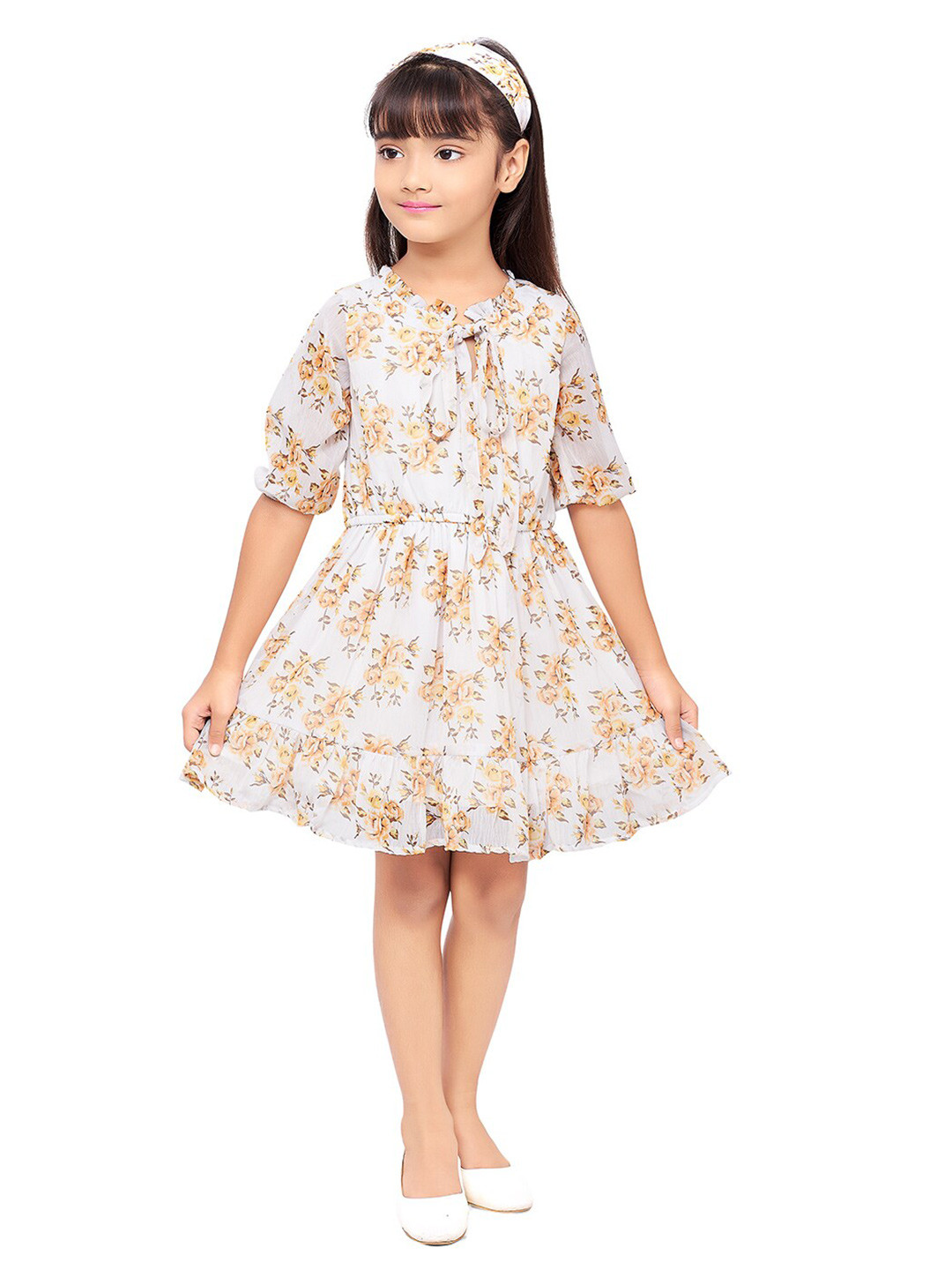 

Doodle Girls Floral Printed Tie-Up Neck Georgette Dress, Off white