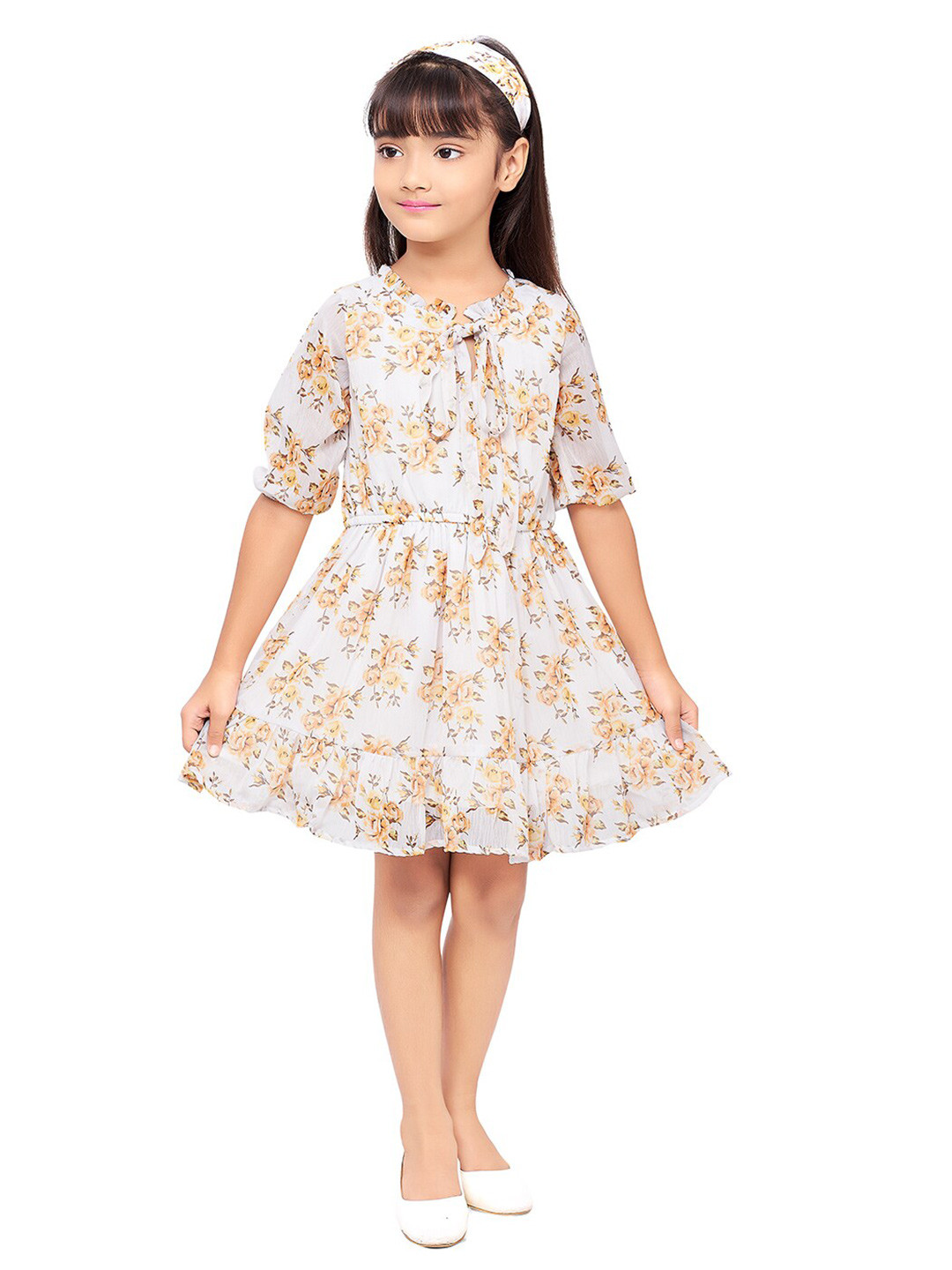 

Doodle Girls Floral Tie-Up Neck Georgette Dress, Off white