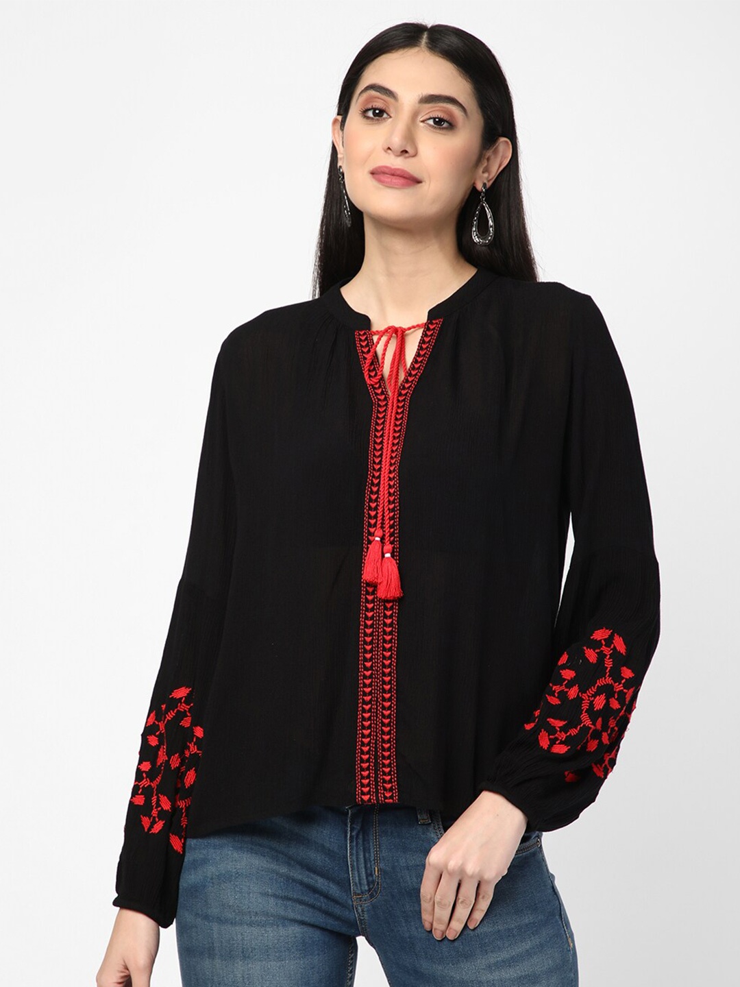 

R&B Black Mandarin Collar Shirt Style Top