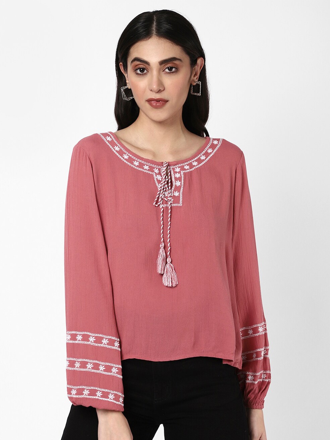 

R&B Floral Embroidered Tie-Up Neck Top, Mauve