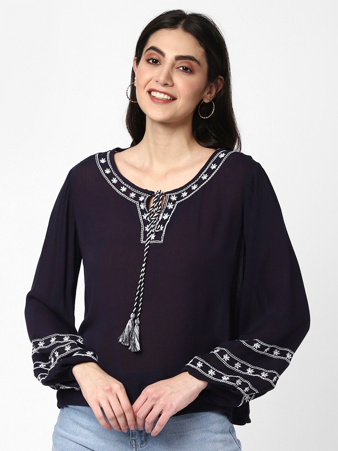

R&B Embellished Tie-Up Neck Top, Blue