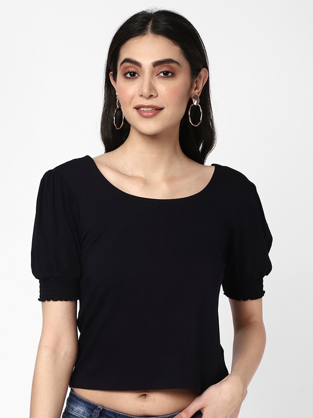 

R&B Puff Sleeves Crop Top, Black