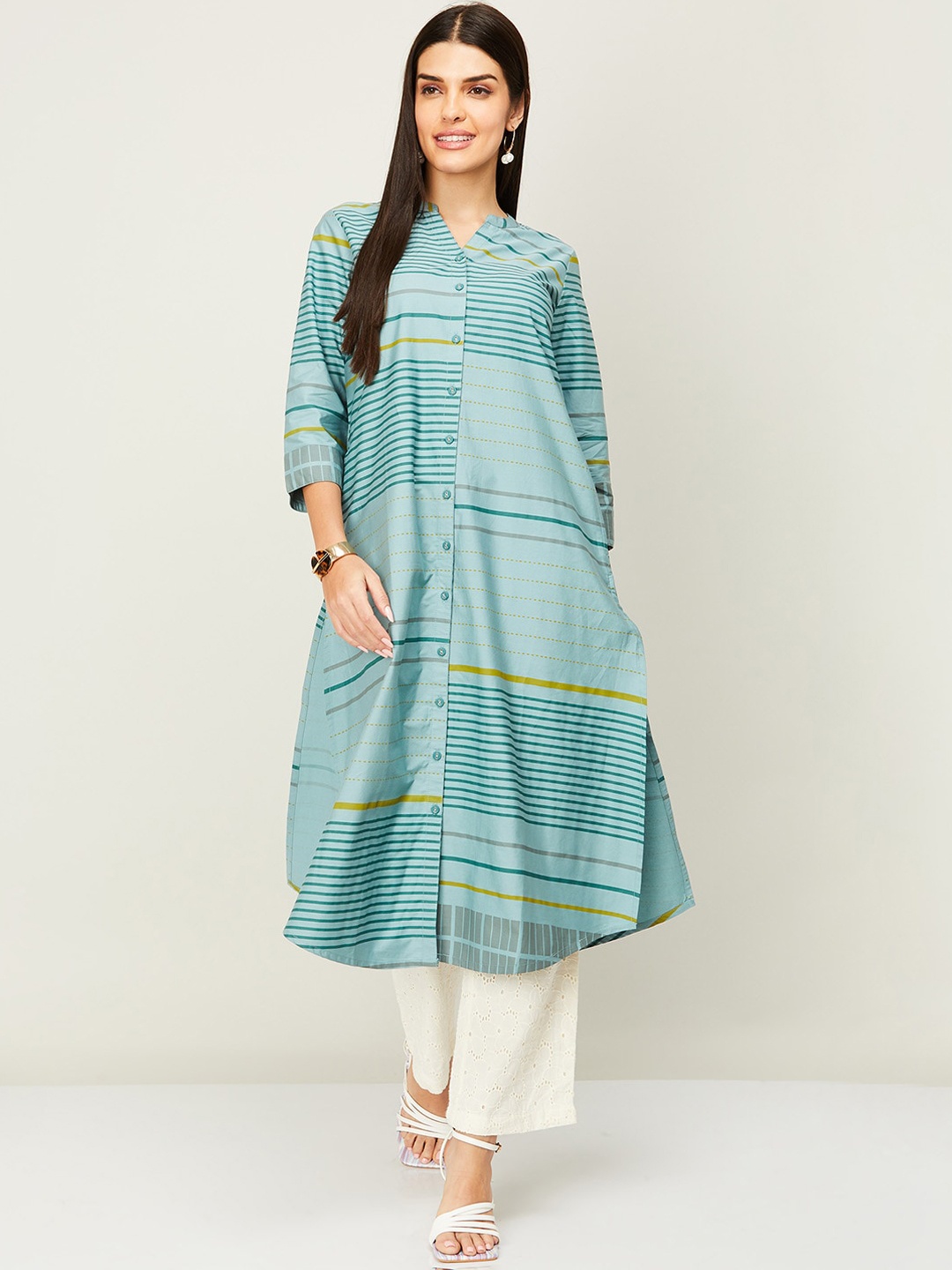 

Melange by Lifestyle Geometric Printed A-Line Pure Cotton Kurta, Blue
