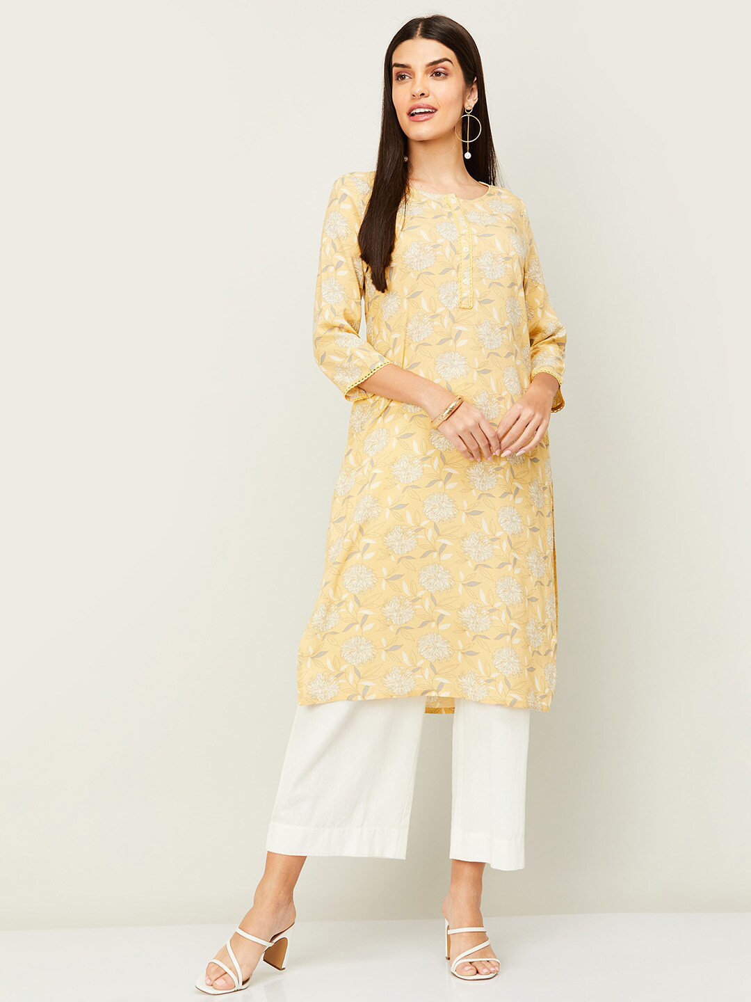 

Melange by Lifestyle Three-Quarter Sleeves Floral Printed Kurta, Yellow
