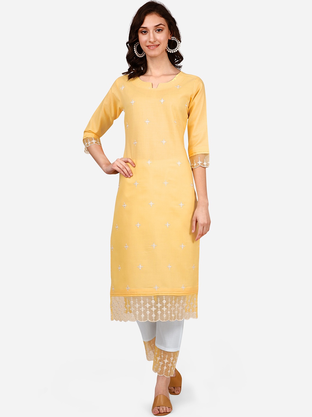 

FEMMIBELLA Women Ethnic Motifs Embroidered Thread Work Kurta with Trousers, Yellow