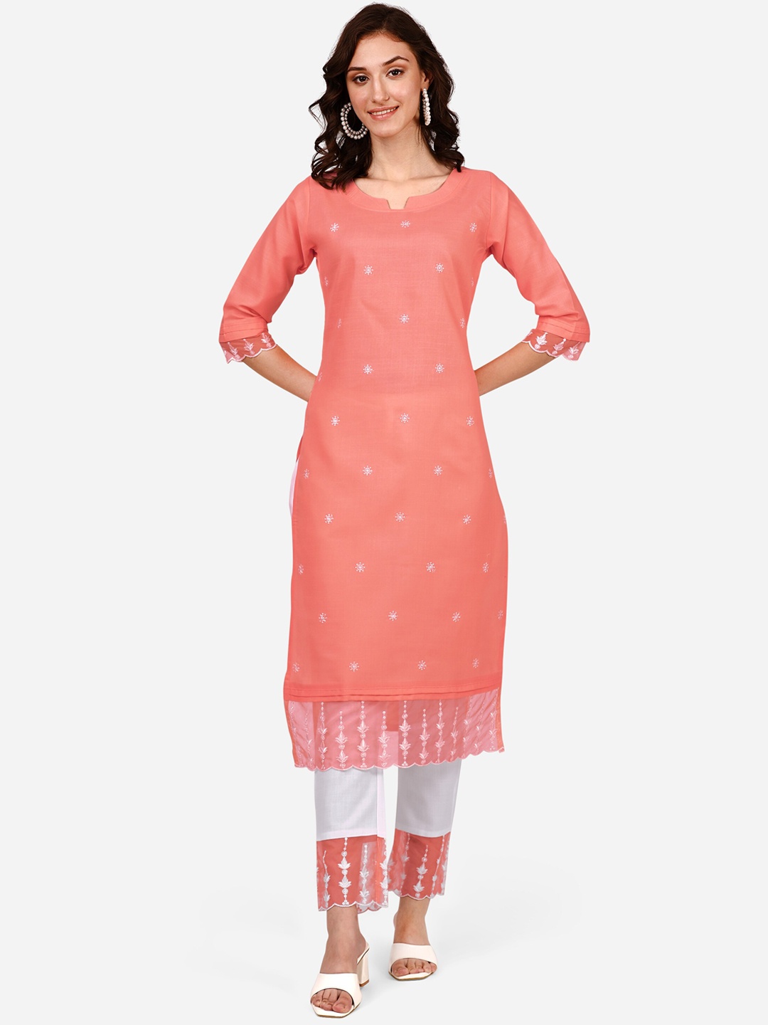 

FEMMIBELLA Ethnic Motifs Embroidered Thread Work Notched Neck Cotton Kurta with Trousers, Peach