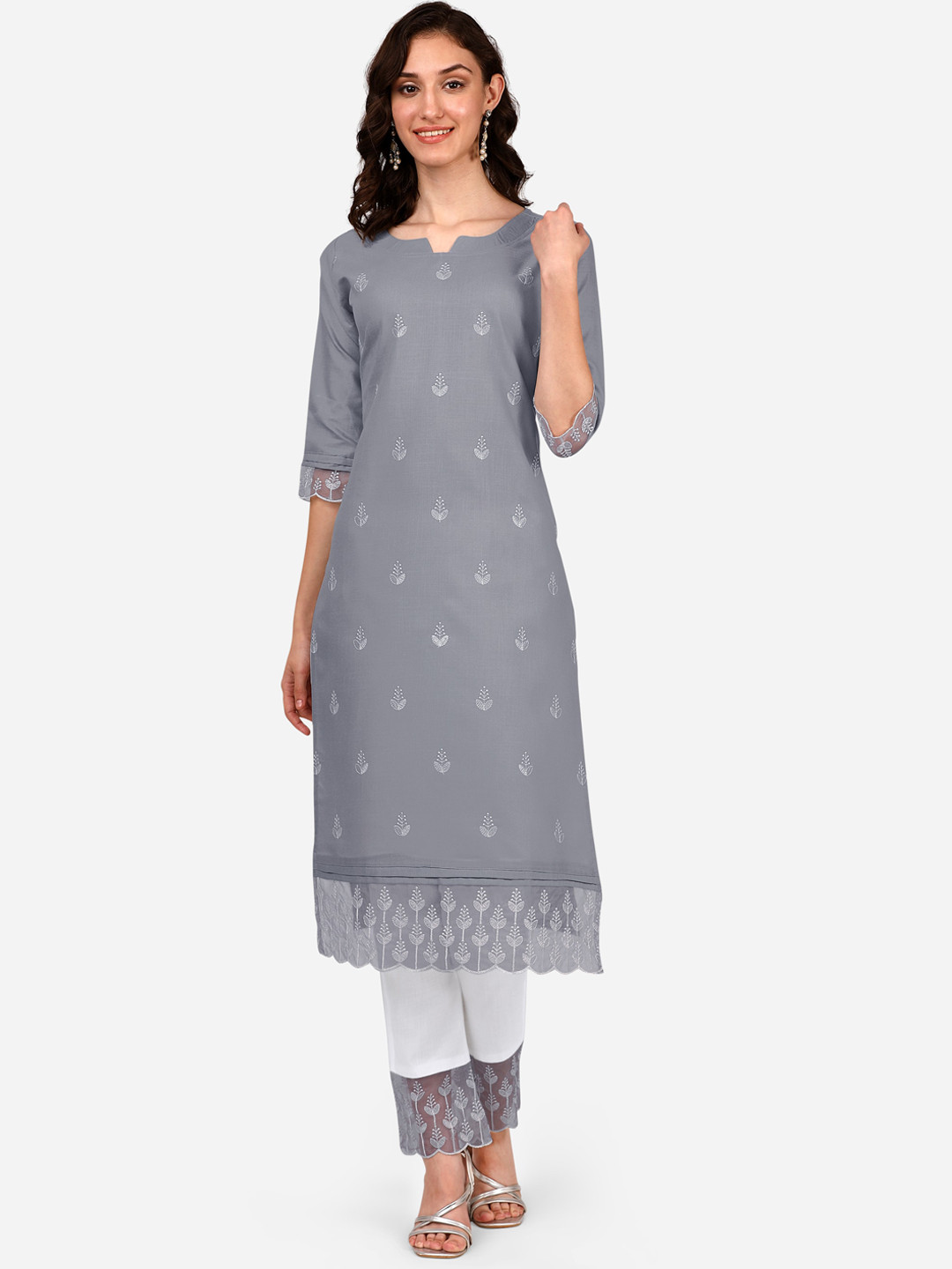 

FEMMIBELLA Women Floral Embroidered Thread Work Kurta with Trousers, Grey