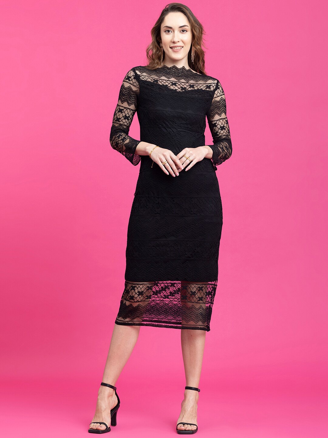 

FableStreet Black Floral Lace Sheath Midi Dress