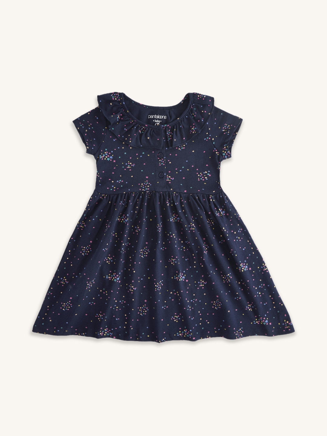 

Pantaloons Baby Girls Printed Cotton Fit and Flare Dress, Navy blue