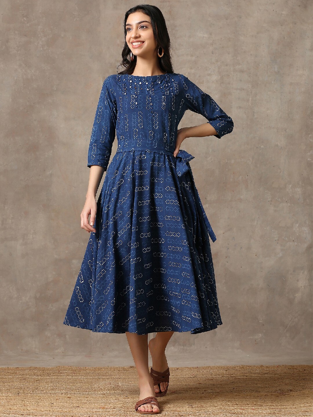 

OKHAI Ethnic Motifs Ethnic A-Line Midi Dress, Blue