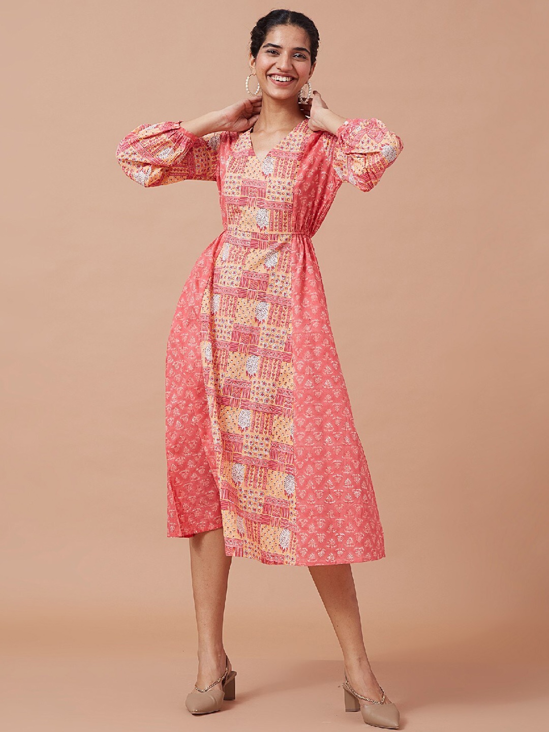 

OKHAI Ethnic Motifs Ethnic Midi Dress, Peach