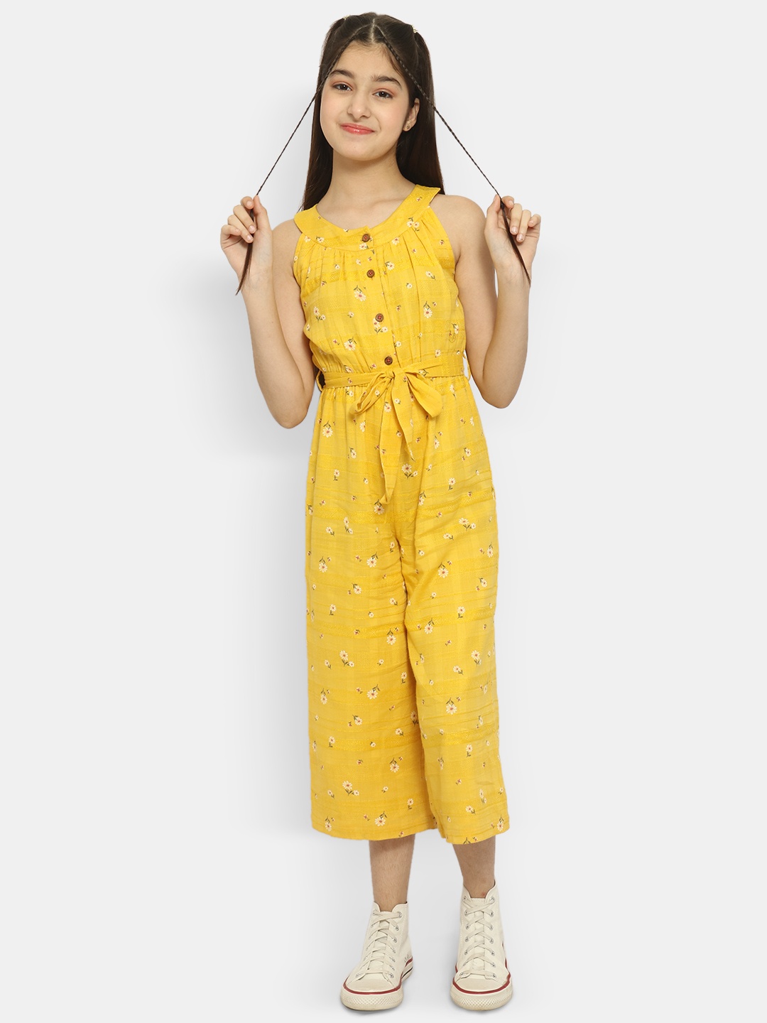 

Natilene Girls Printed Capri Cotton Jumpsuit With Waist Tie-ups, Mustard