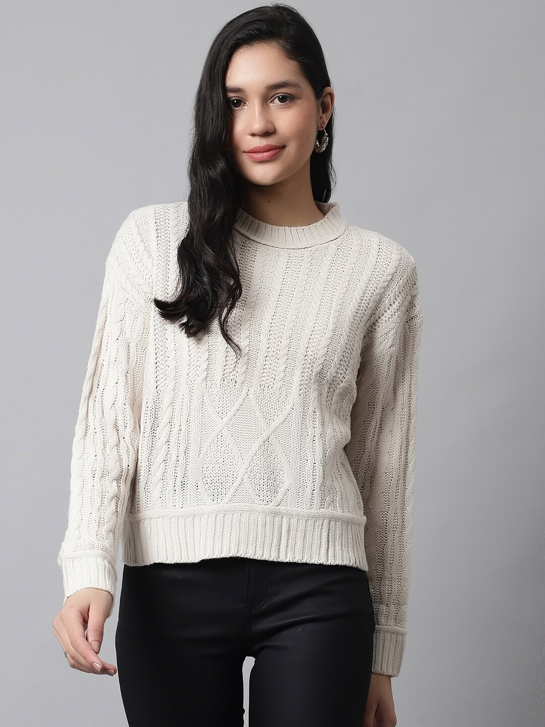 

NoBarr Women Cable Knit Acrylic Pullover, Cream