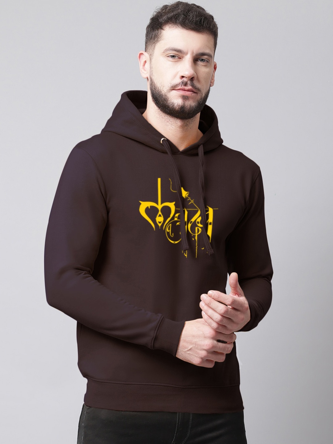 

Friskers Men Printed Fleece Hooded Sweatshirt, Brown