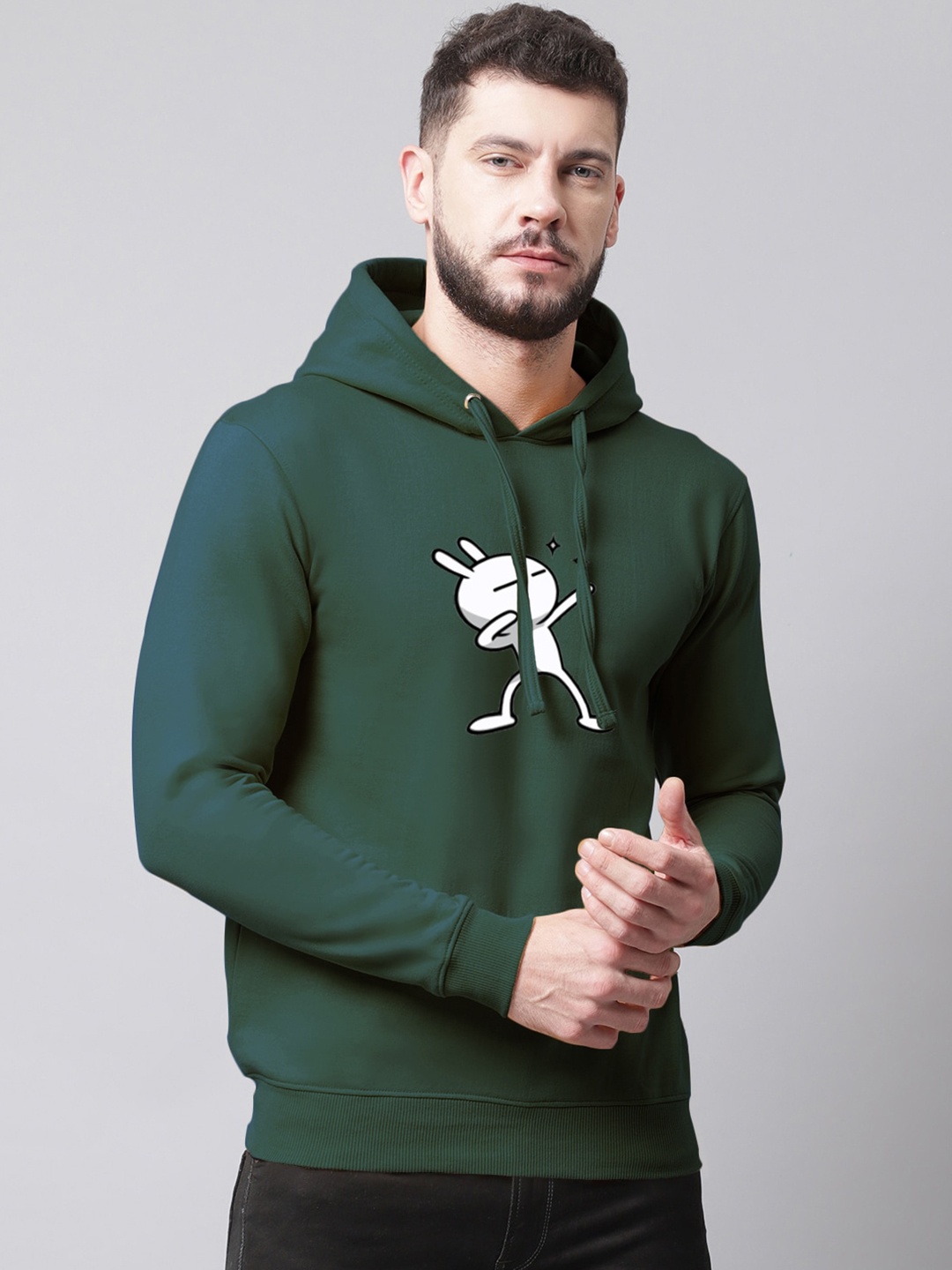 

Friskers Men Green Printed Hooded Fleece Sweatshirt