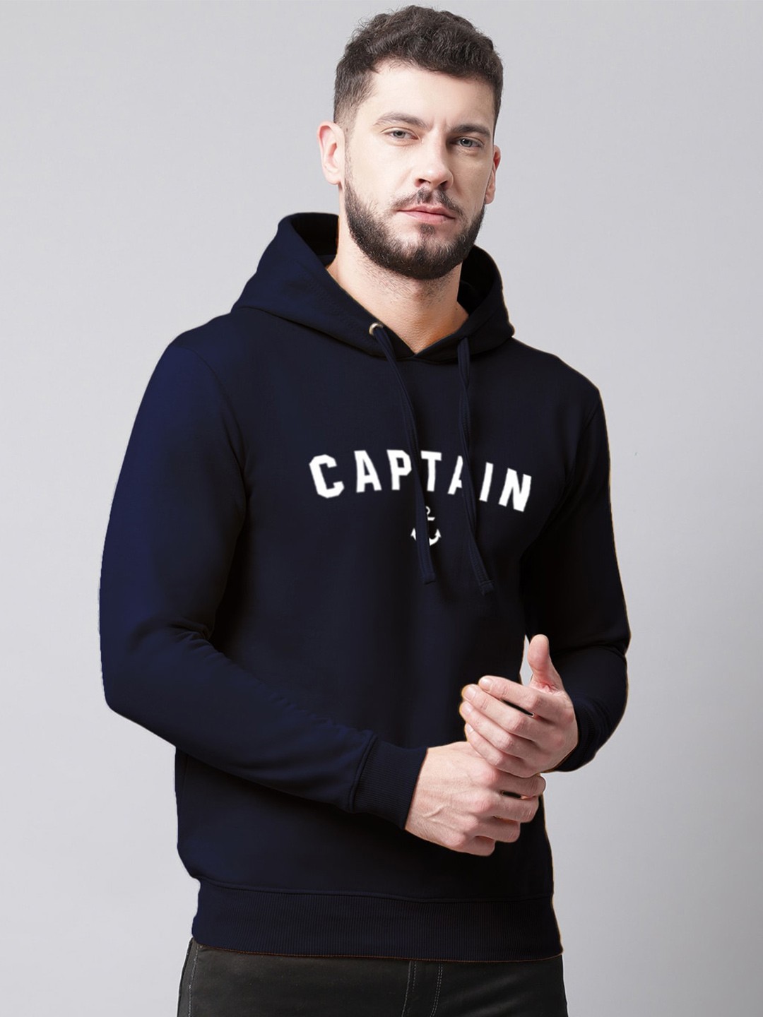 

Friskers Men Printed Hooded Fleece Pullover Sweatshirt, Navy blue