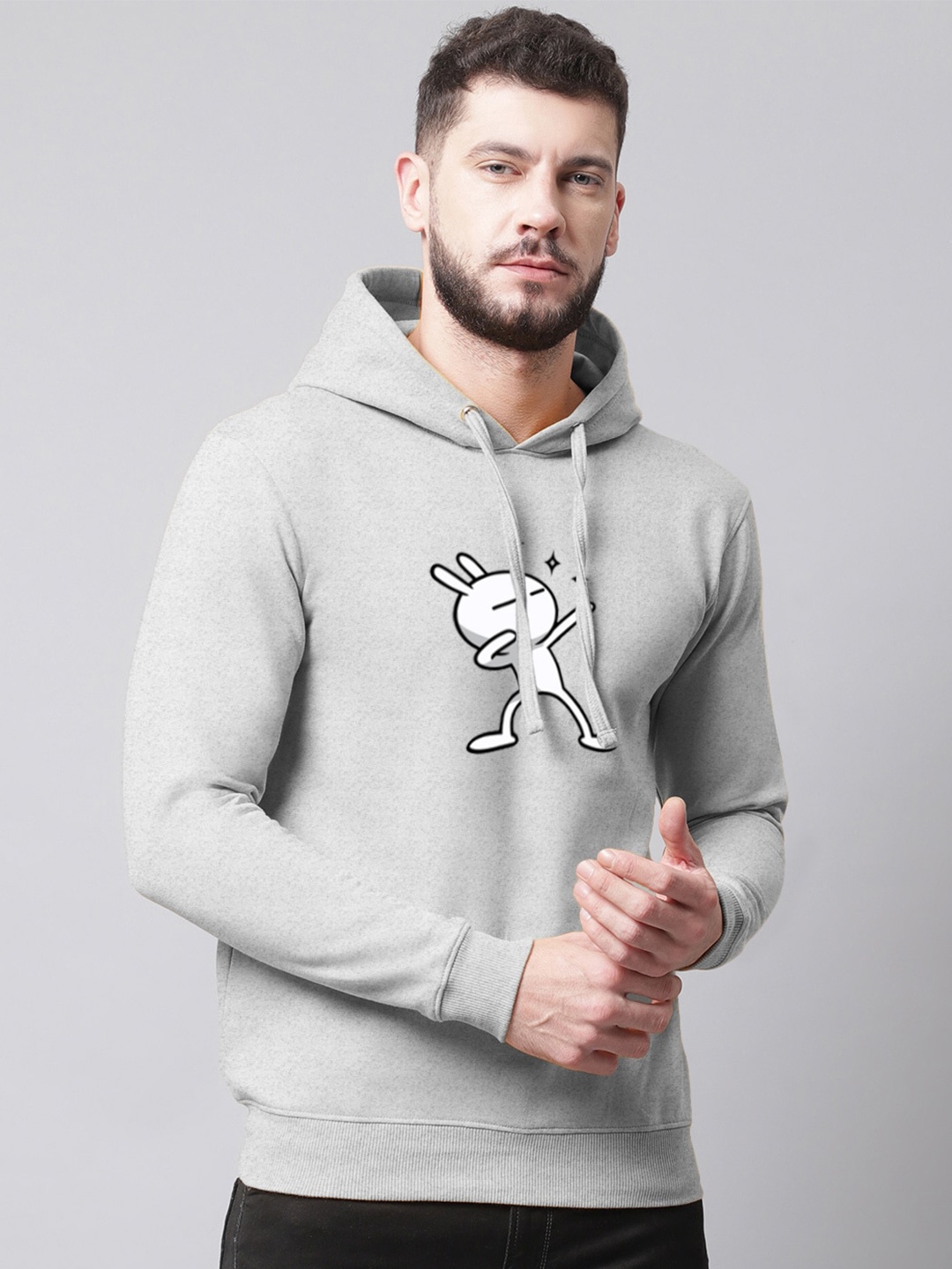 

Friskers Men Printed Fleece Hooded Sweatshirt, Grey melange