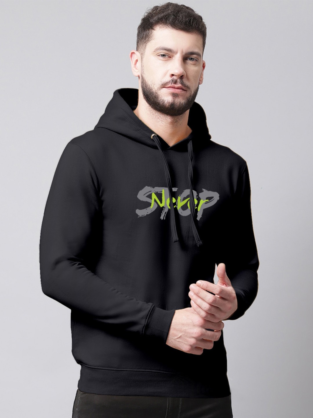 

Friskers Men Printed Fleece Hooded Sweatshirt, Black
