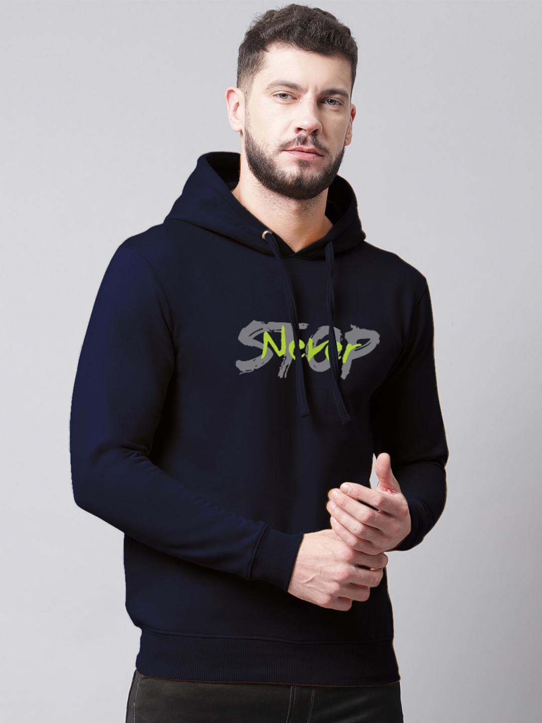 

Friskers Men Printed Fleece Hooded Sweatshirt, Navy blue