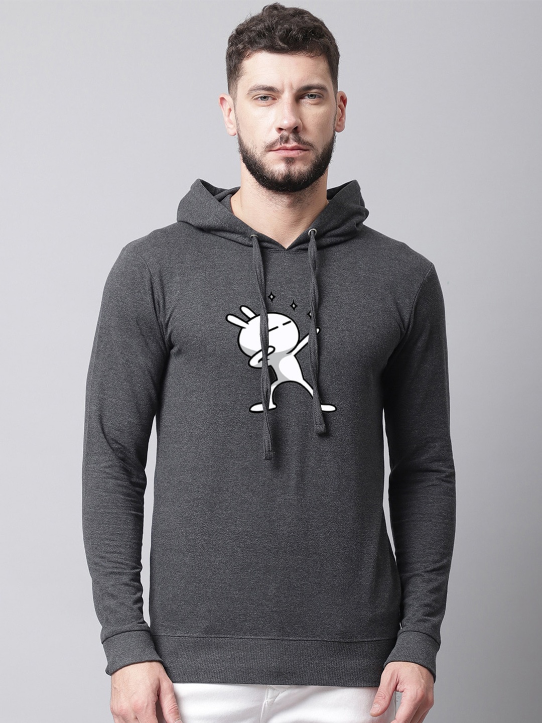 

Friskers Men Printed Fleece Hooded Sweatshirt, Charcoal