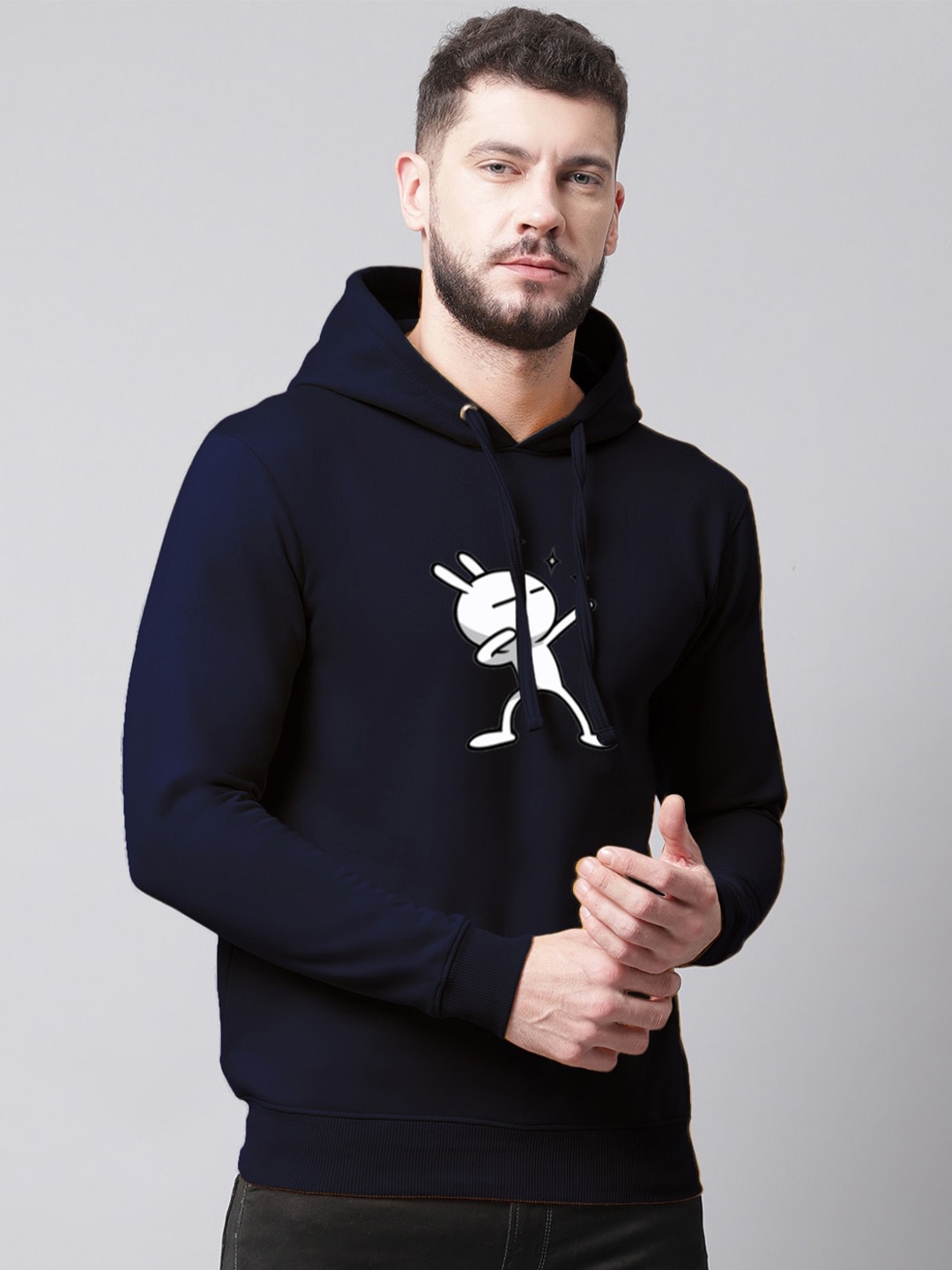 

Friskers Men Printed Fleece Hooded Sweatshirt, Navy blue