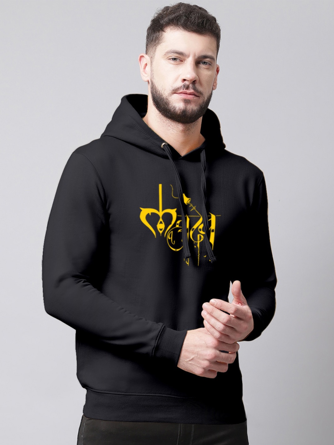 

Friskers Men Printed Fleece Hooded Sweatshirt, Black