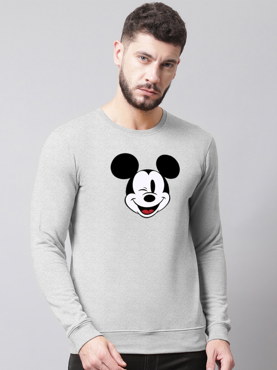 

Friskers Men Mickey Mouse Printed Fleece Round Neck Sweatshirt, Grey