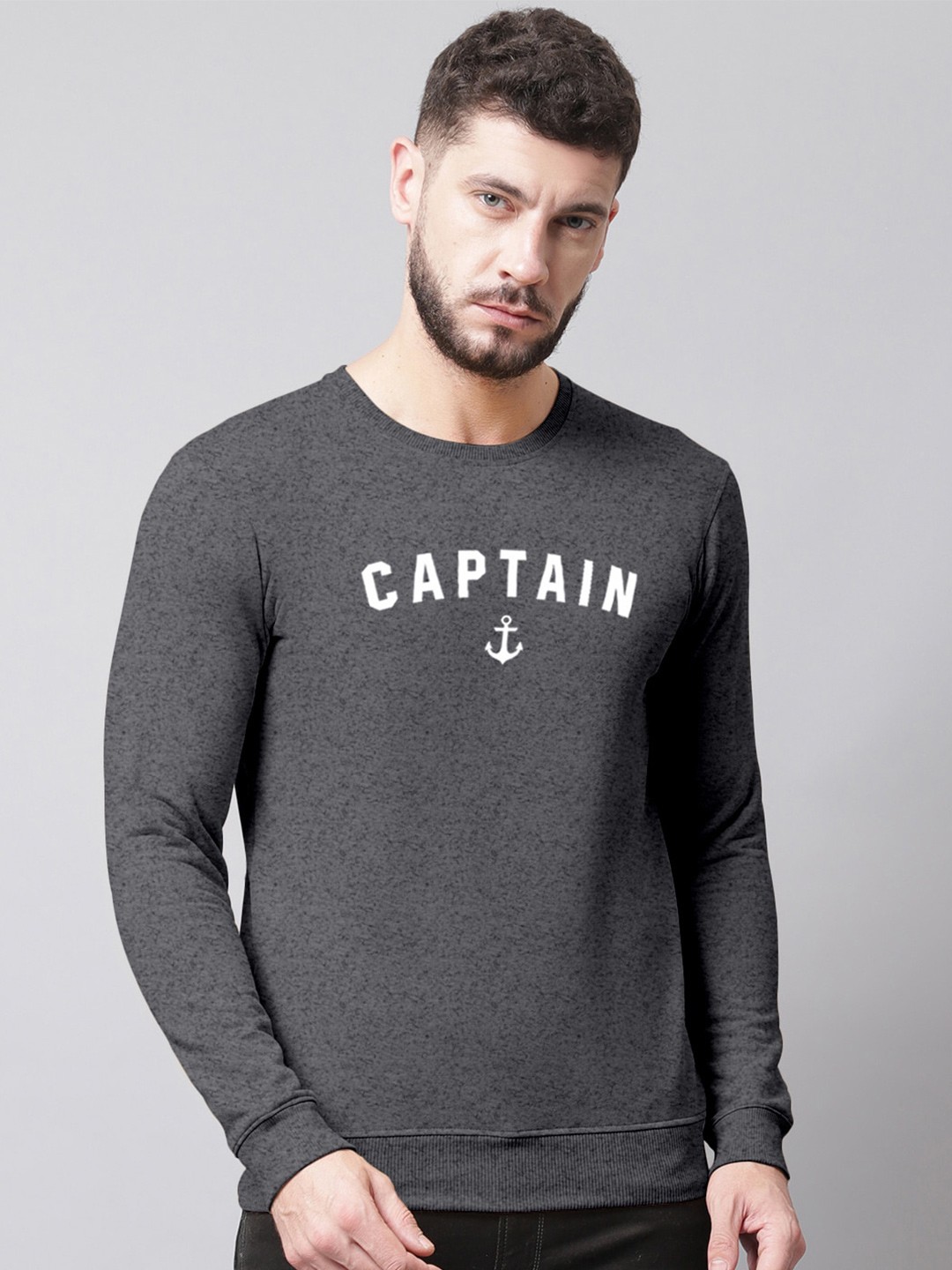 

Friskers Men Printed Fleece Round Neck Sweatshirt, Charcoal