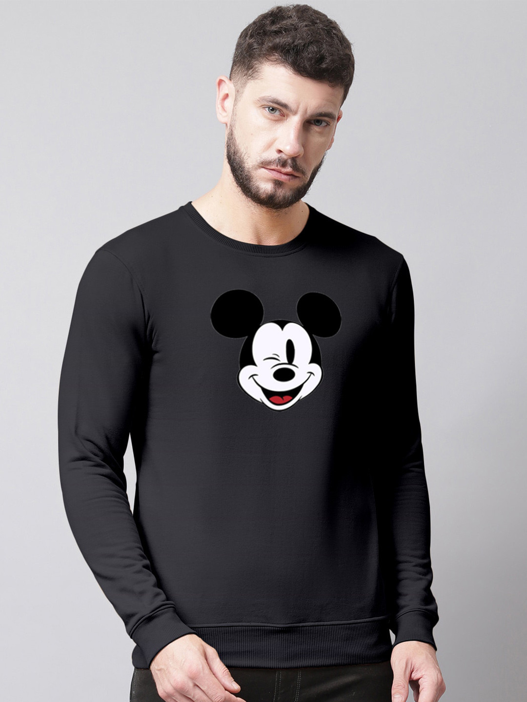 

Friskers Men Mickey Mouse Printed Fleece Round Neck Sweatshirt, Charcoal