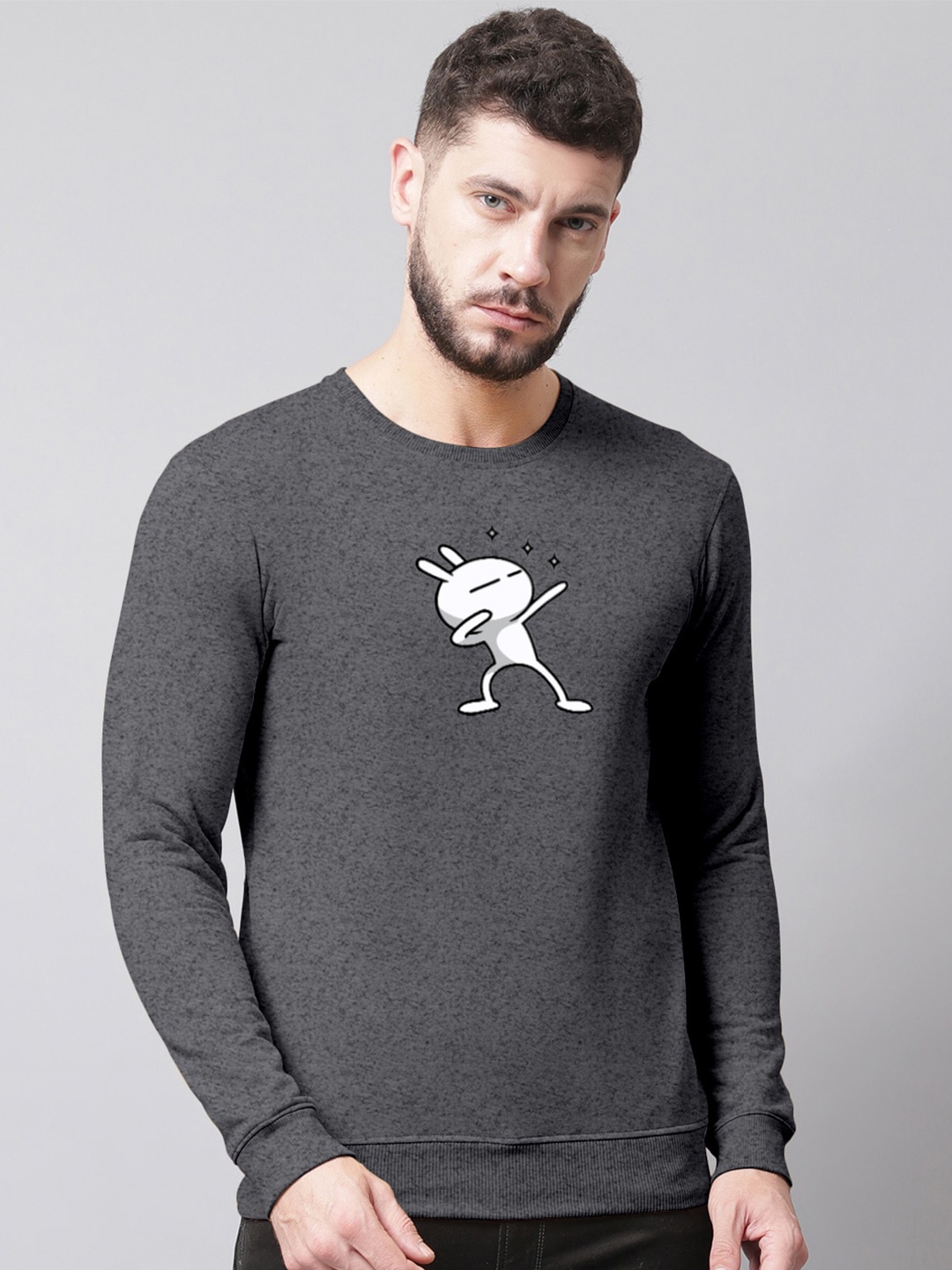 

Friskers Men Printed Fleece Round Neck Sweatshirt, Charcoal