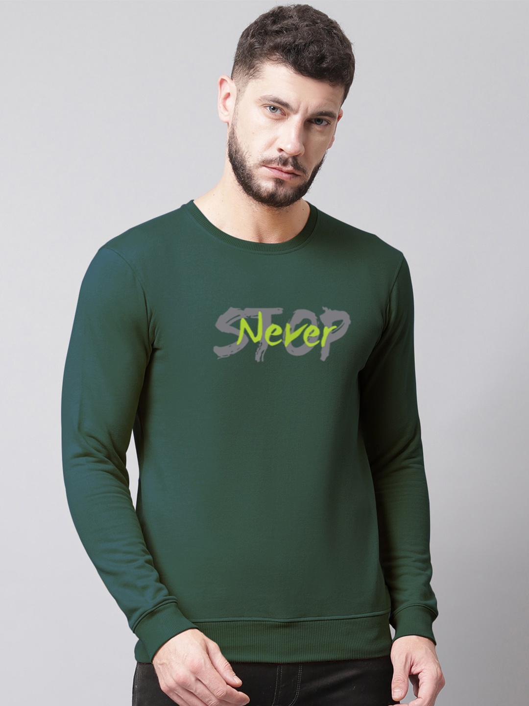 

Friskers Men Printed Fleece Round Neck Sweatshirt, Green