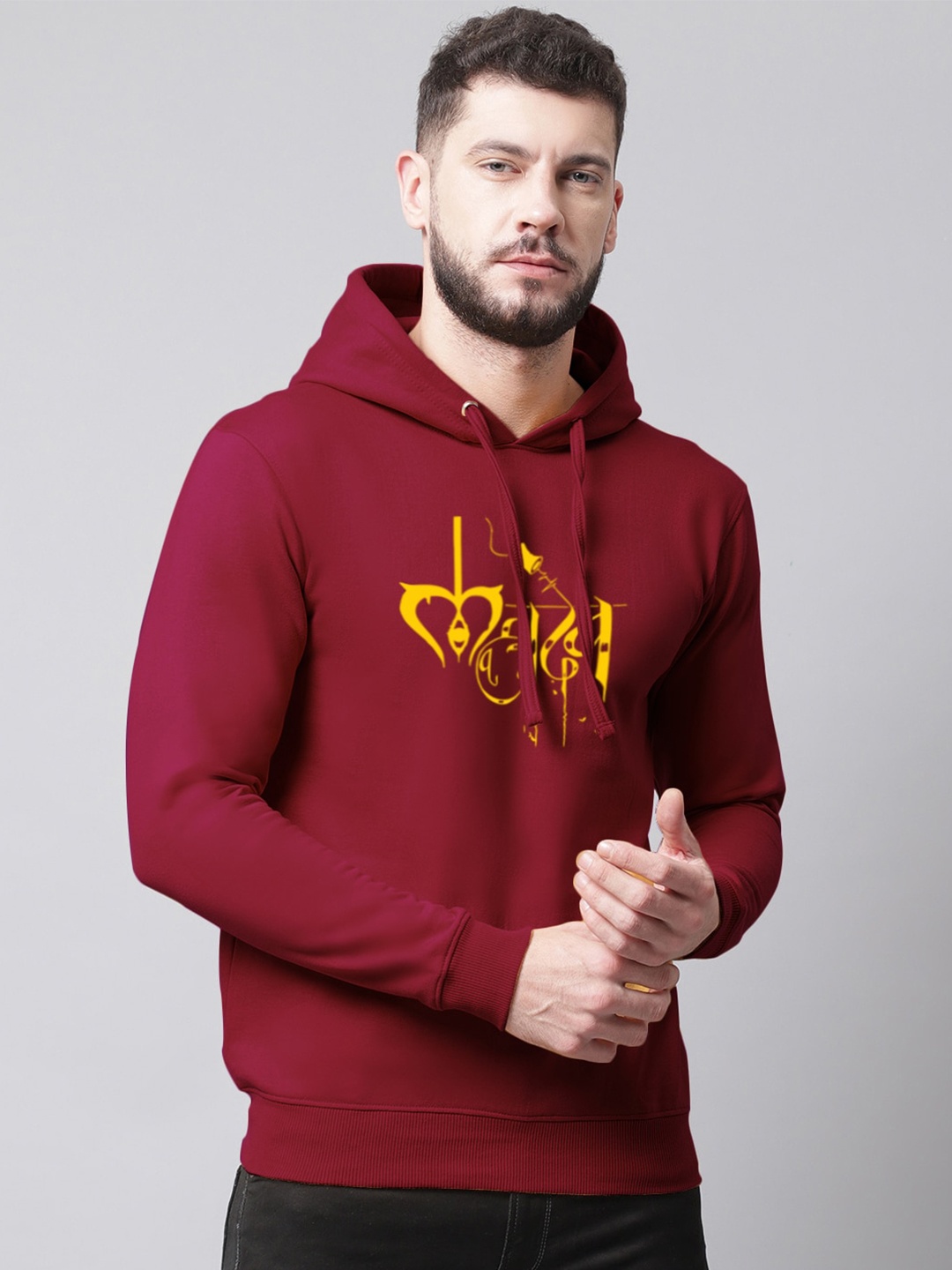 

Friskers Men Printed Fleece Hooded Sweatshirt, Maroon