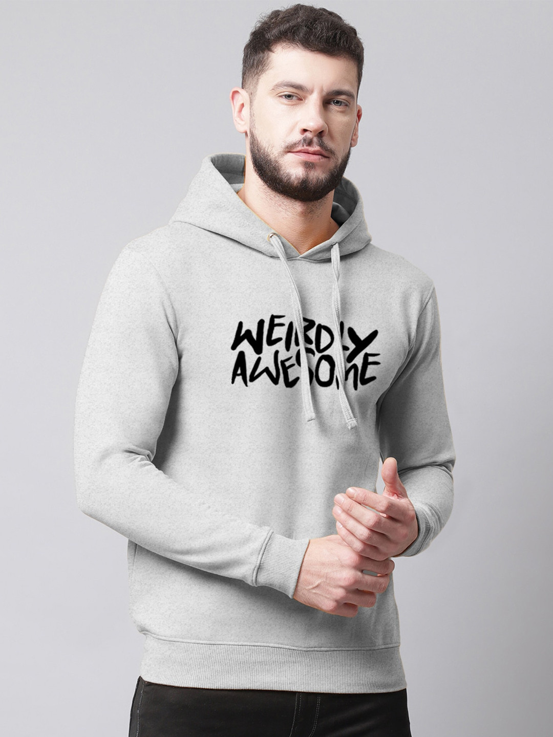 

Friskers Men Printed Fleece Hooded Sweatshirt, Grey
