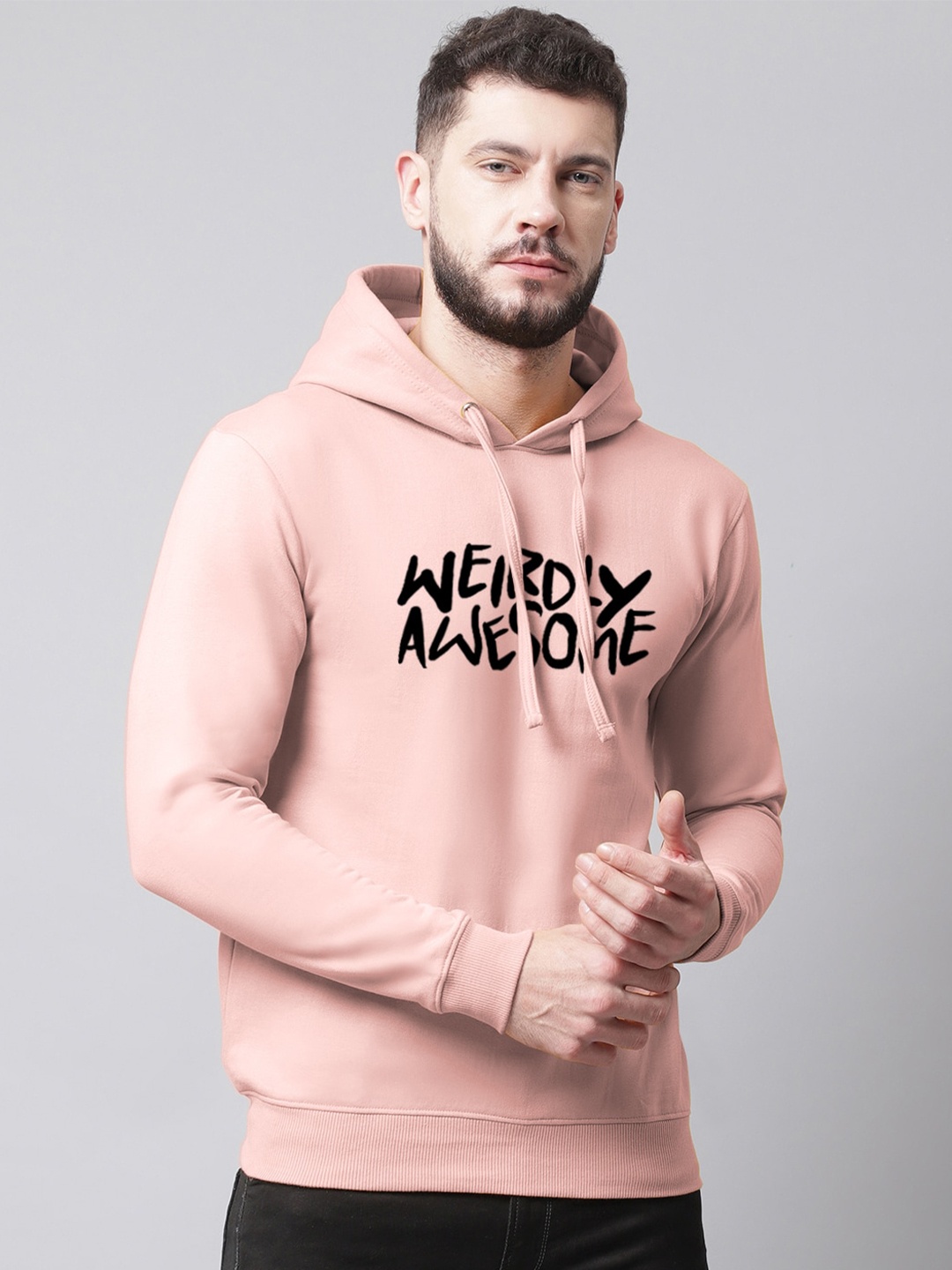 Friskers Men Printed Fleece Hooded Sweatshirt, Coral