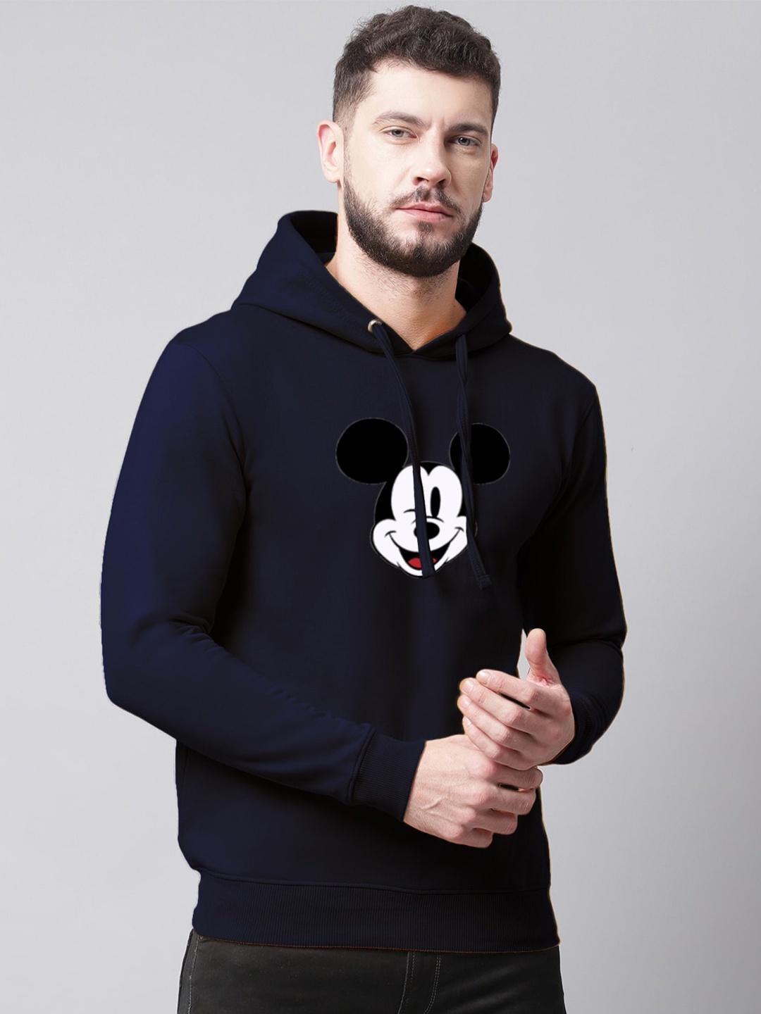 

Friskers Men Mickey Mouse Printed Fleece Hooded Sweatshirt, Navy blue
