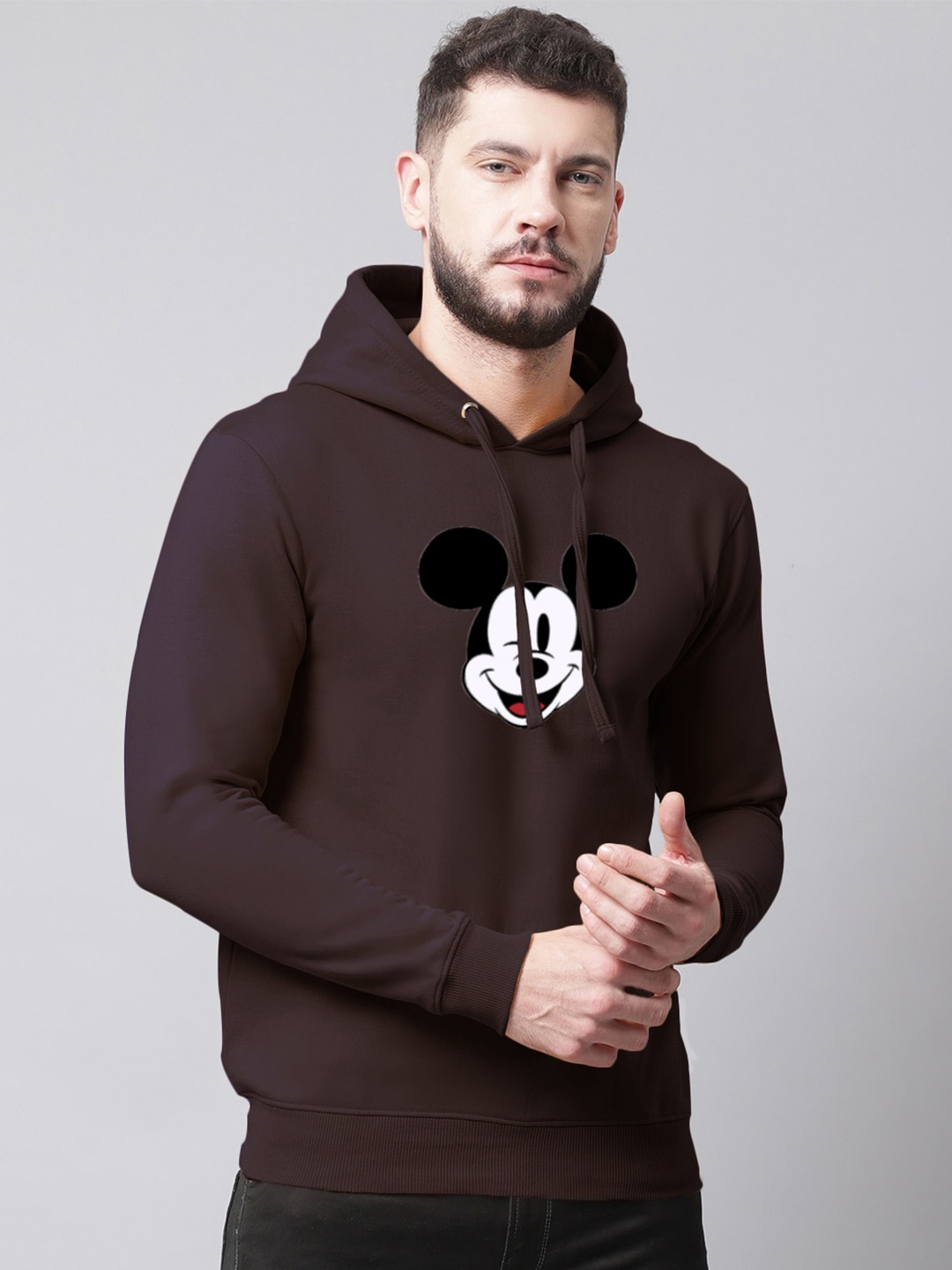 

Friskers Men Mickey Mouse Printed Fleece Hooded Sweatshirt, Brown