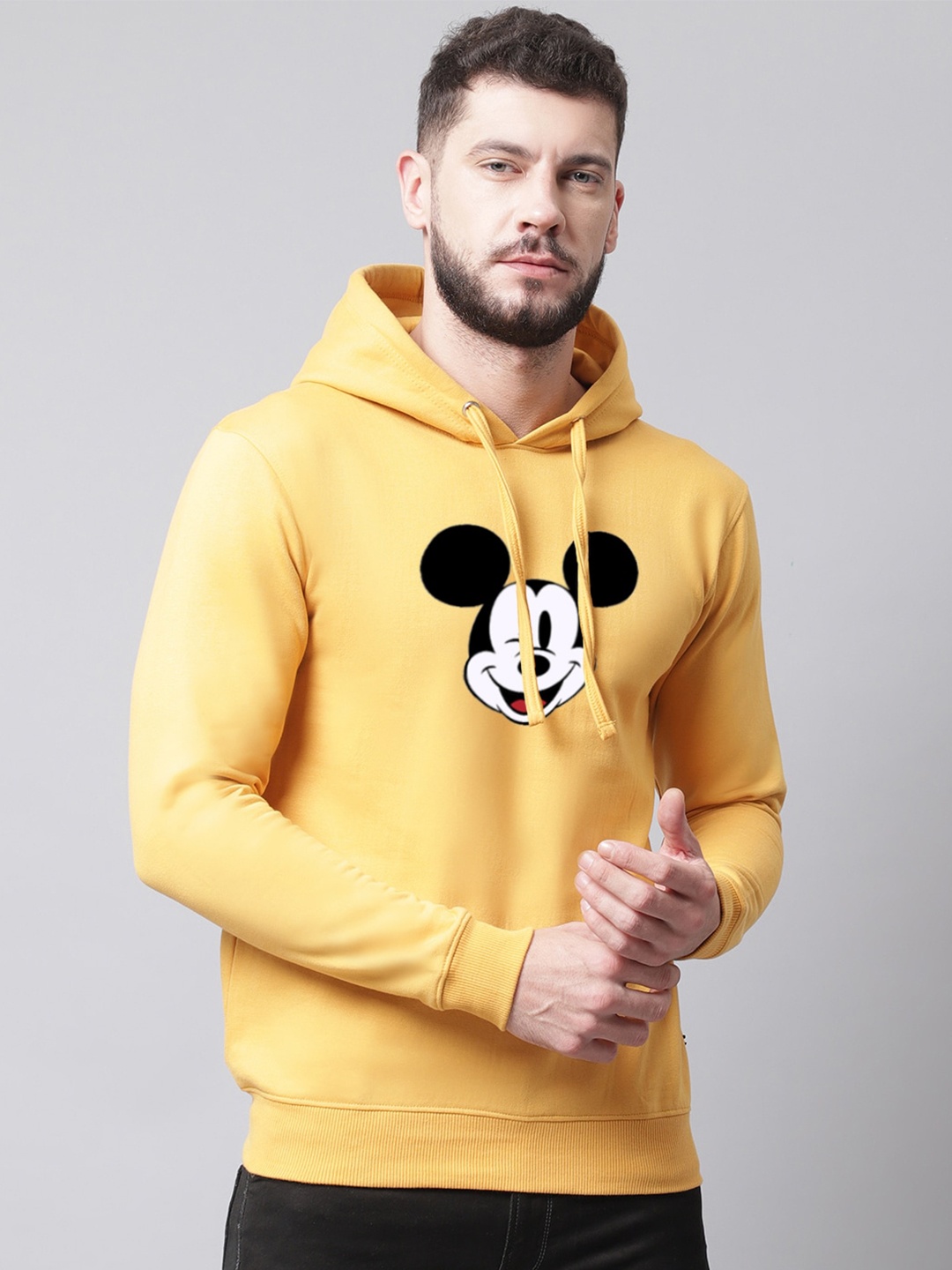 

Friskers Men Mickey Mouse Printed Fleece Hooded Sweatshirt, Gold