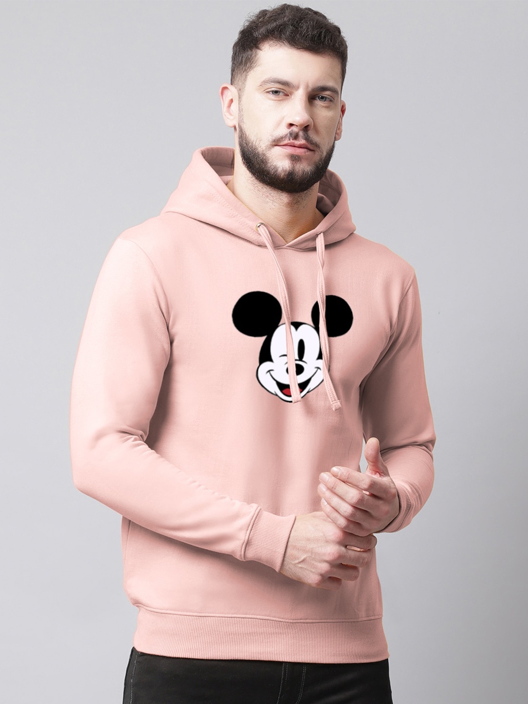 

Friskers Men Mickey Mouse Printed Fleece Hooded Sweatshirt, Coral