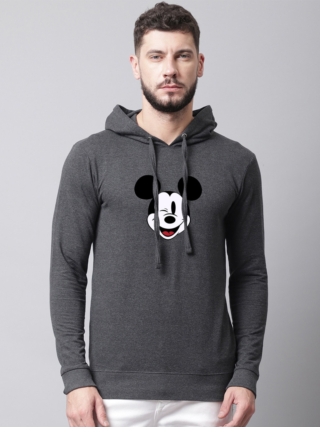 

Friskers Men Mickey Mouse Printed Fleece Hooded Sweatshirt, Grey