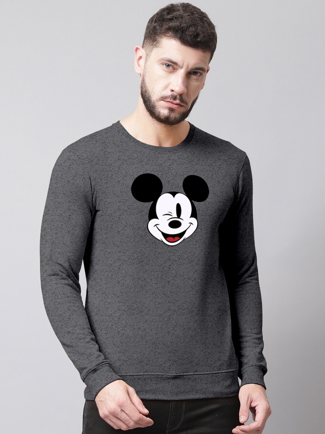 

Friskers Men Mickey Mouse Printed Ribbed Hemline Pullover Sweatshirt, Grey