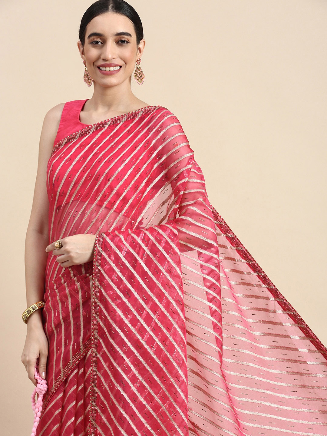 

MOHEY Striped Beads and Stones Organza Saree, Pink