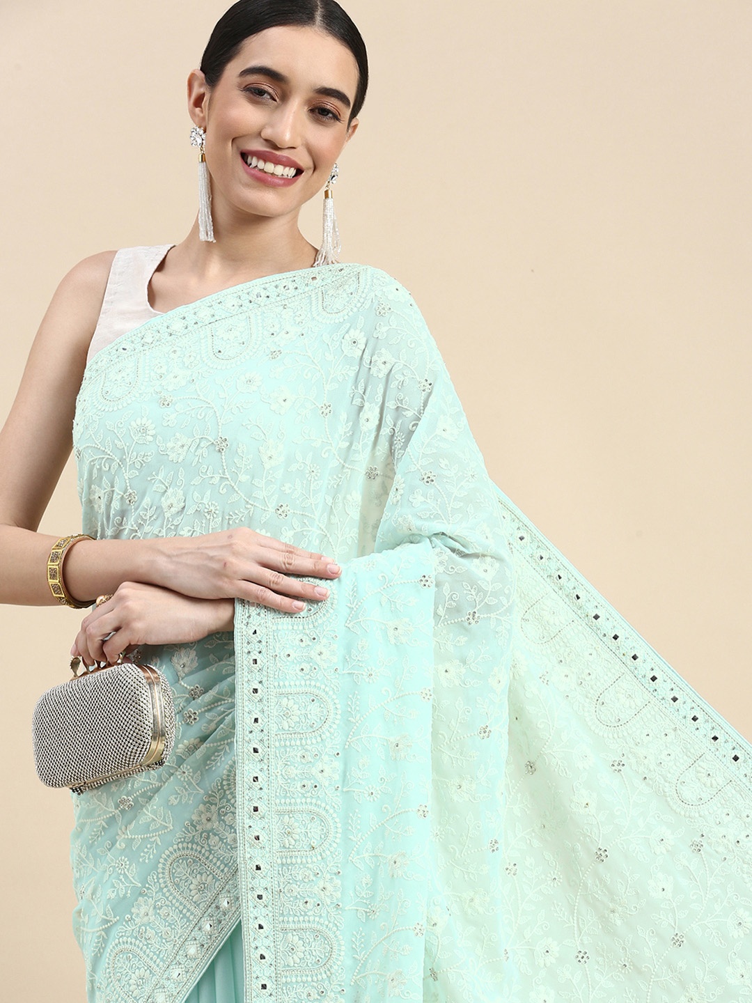 

MOHEY Floral Embroidered Beads and Stones Pure Georgette Saree, Sea green
