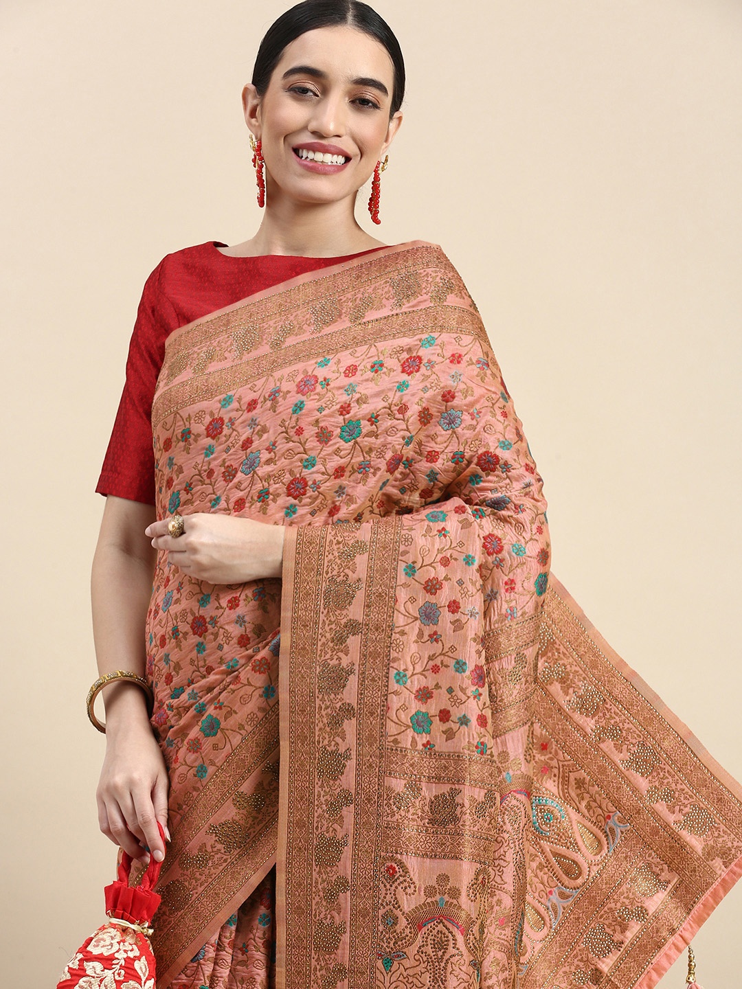 

MOHEY Floral Jaali Art Silk Saree, Pink