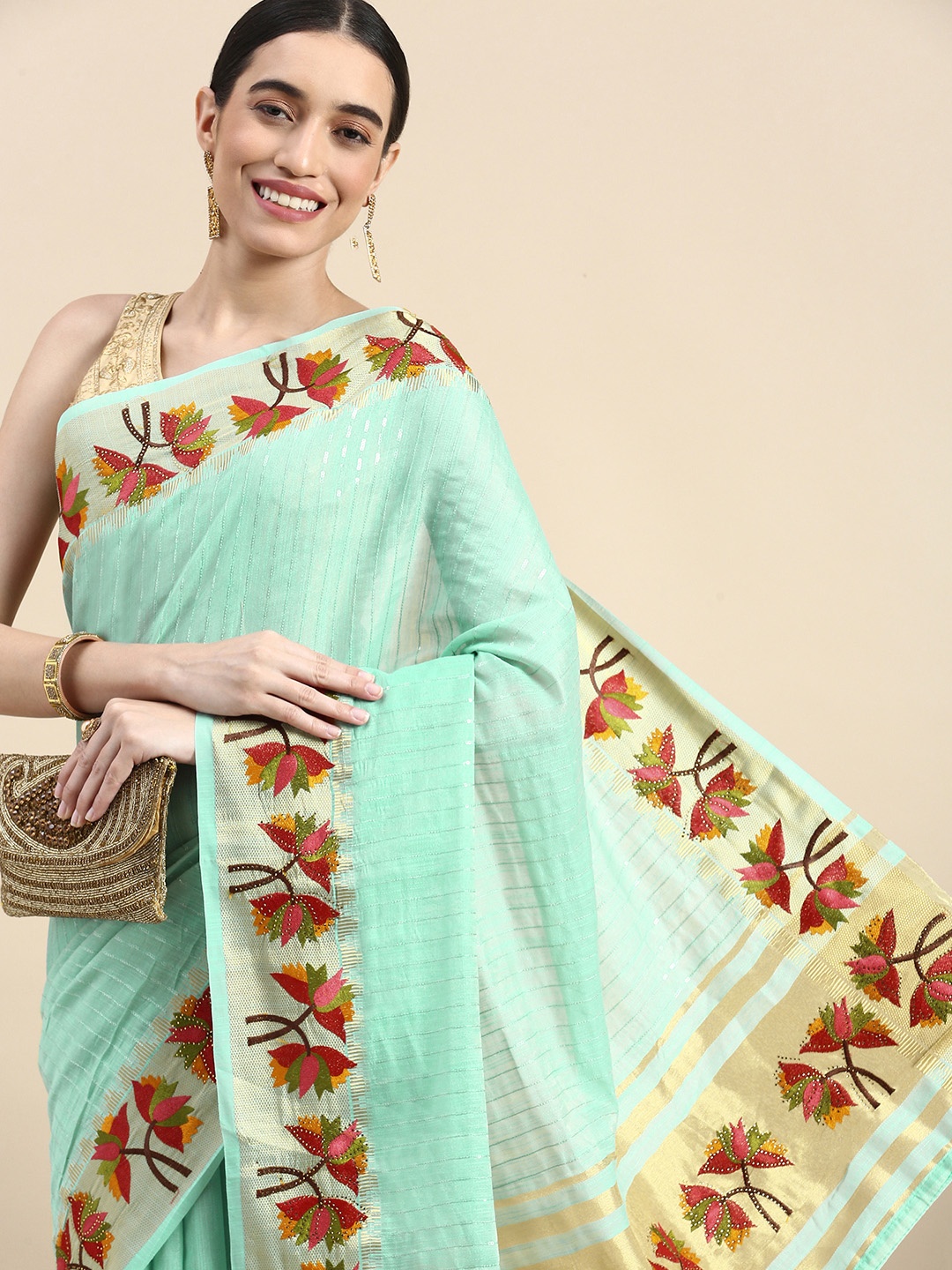 

MOHEY Striped Sequinned Saree, Sea green