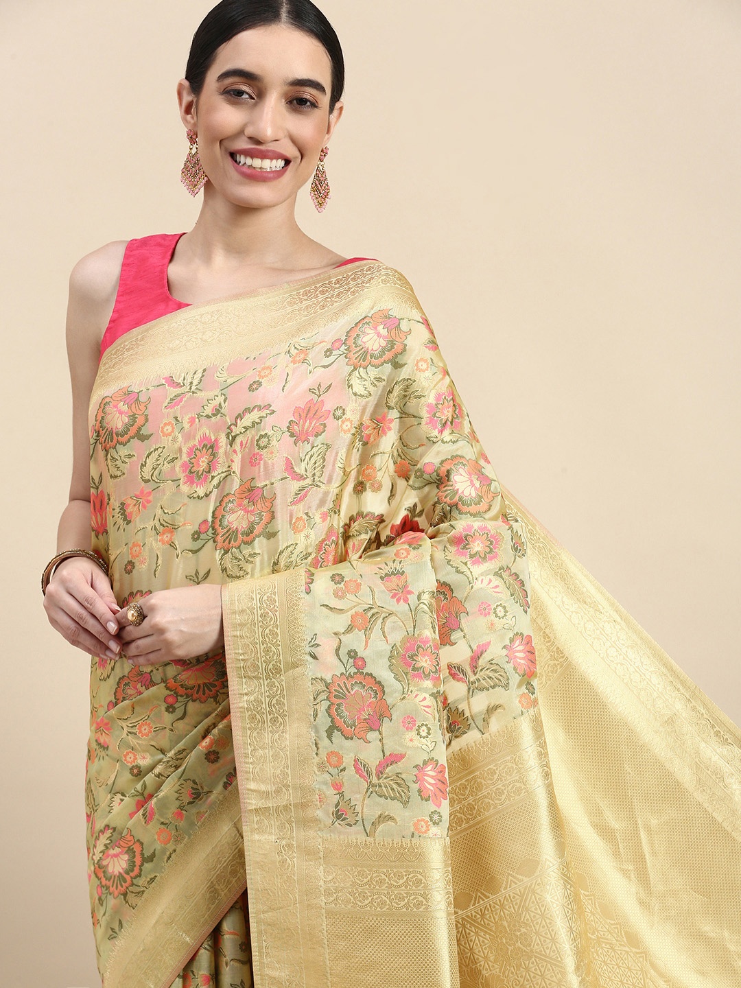 

MOHEY Floral Jaali Art Silk Saree, Beige