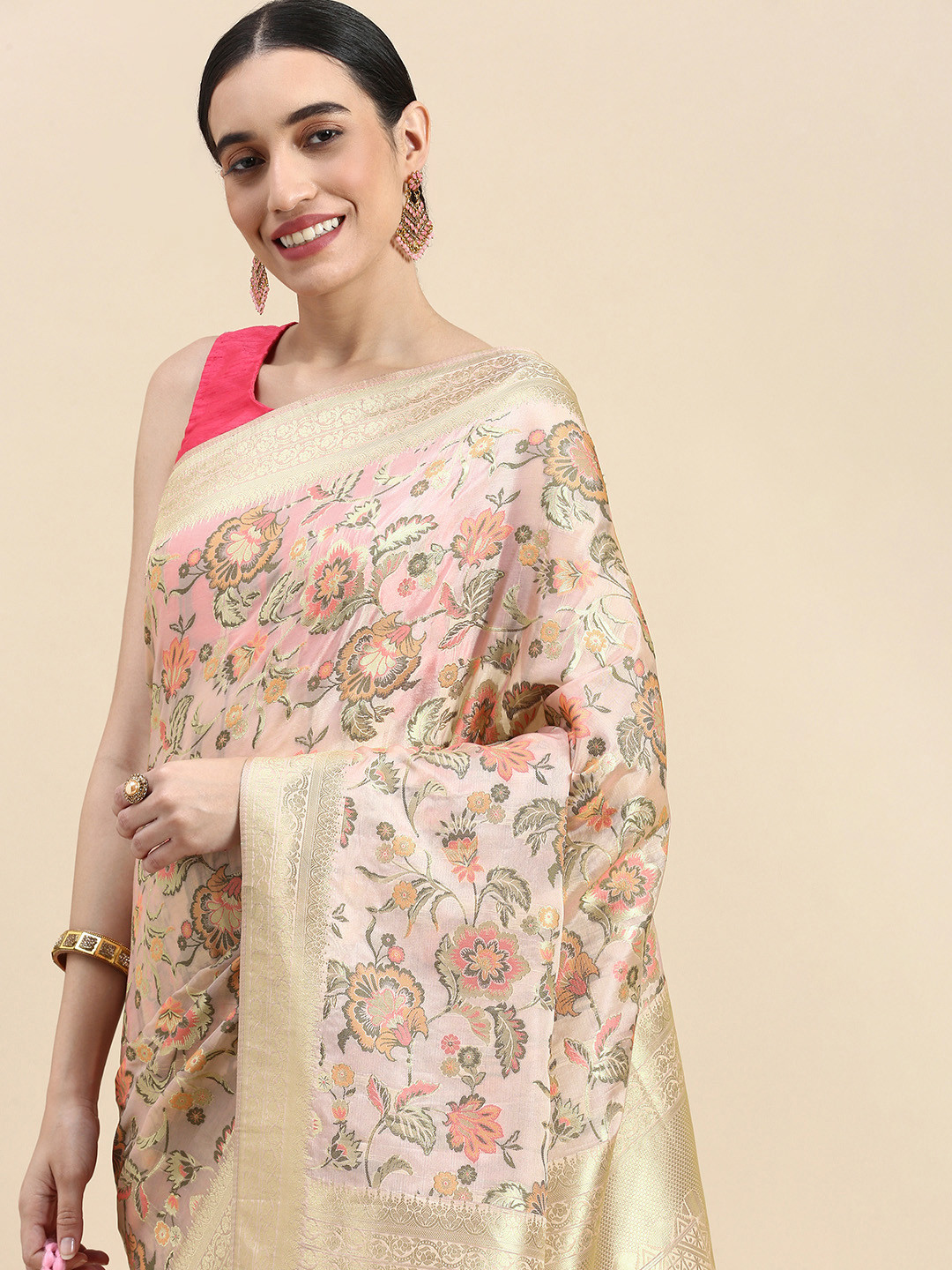 

MOHEY Floral Zari Art Silk Saree, Pink