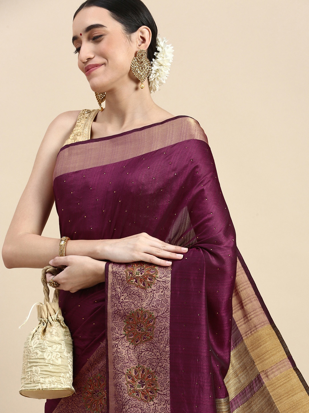 

MOHEY Floral Beads and Stones Art Silk Saree, Purple