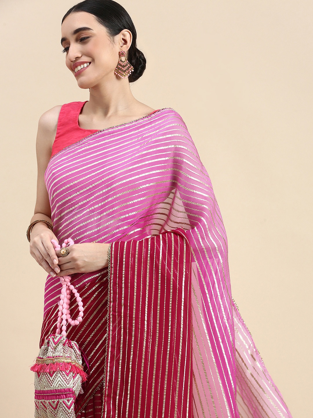 

MOHEY Striped Gotta Patti Pure Georgette Saree, Pink