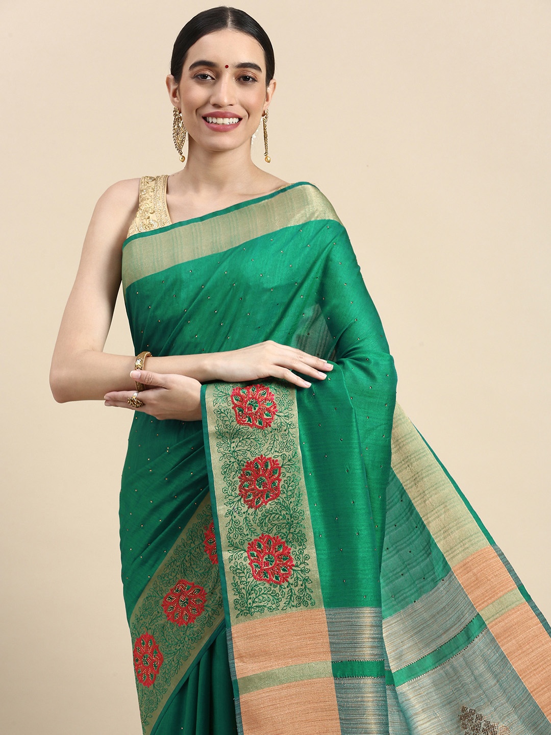 

MOHEY Floral Beads and Stones Art Silk Saree, Green